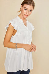 Annie Wear Ruffle Sleeve Shirred Flowy Woven Tunic Shirts OutfitFlow