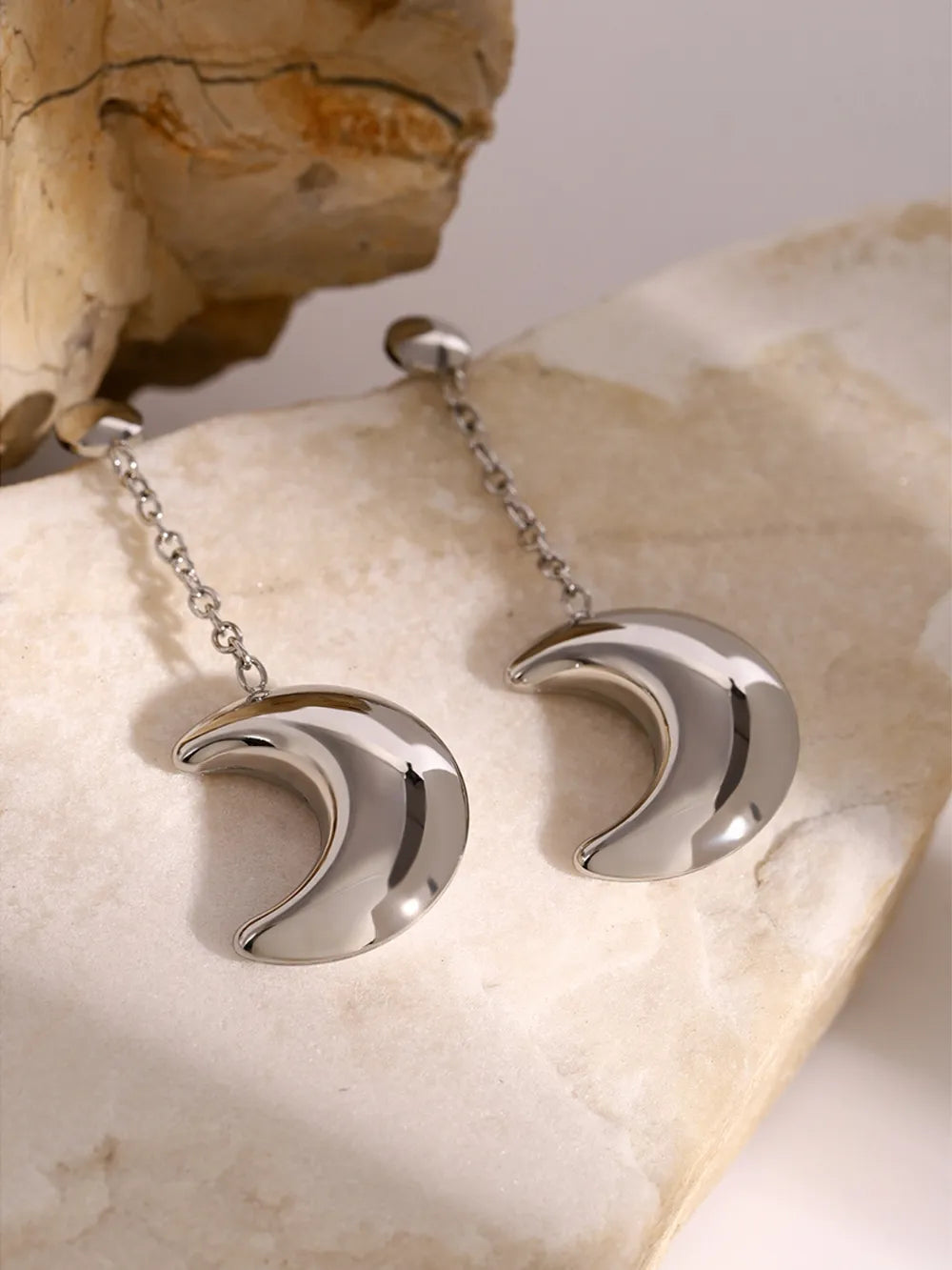 Stainless Steel Moon Dangle Earrings Silver One Size OutfitFlow