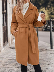 Perfee Dropped Shoulder Tie Waist Coat Caramel Trendsi
