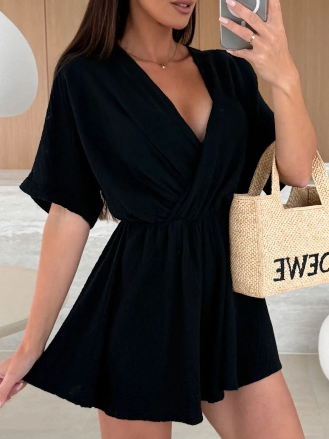 Surplice Half Sleeve Wrap Romper OutfitFlow