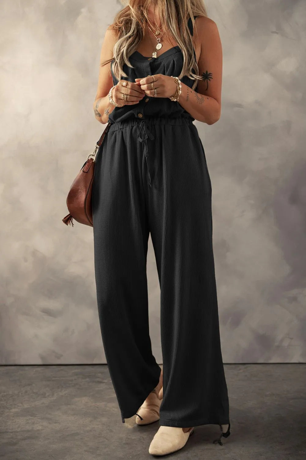 Knotted Straps Button Textured Drawstring Jumpsuit Black OutfitFlow