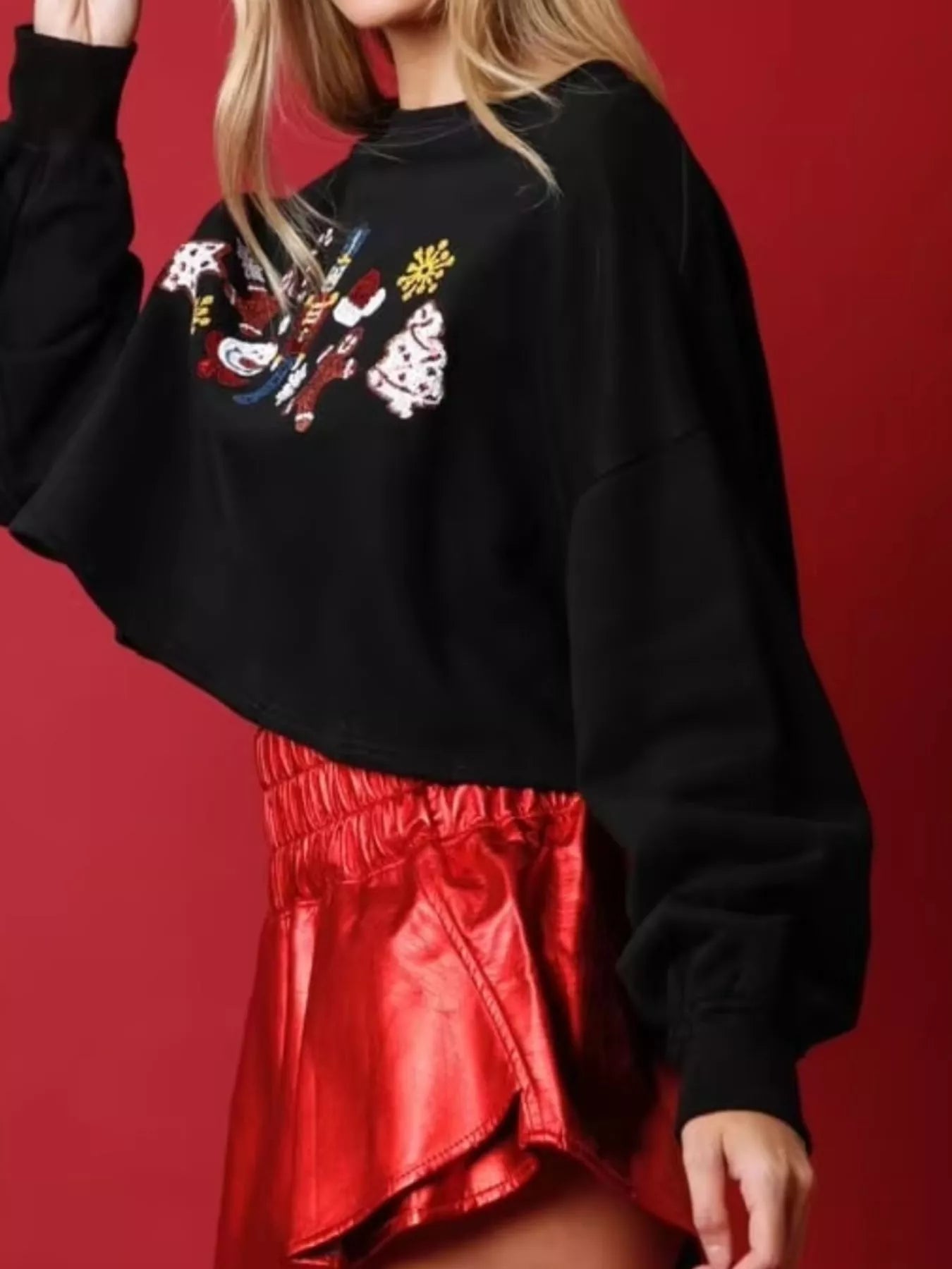Christmas Sequin Cropped Sweatshirt OutfitFlow