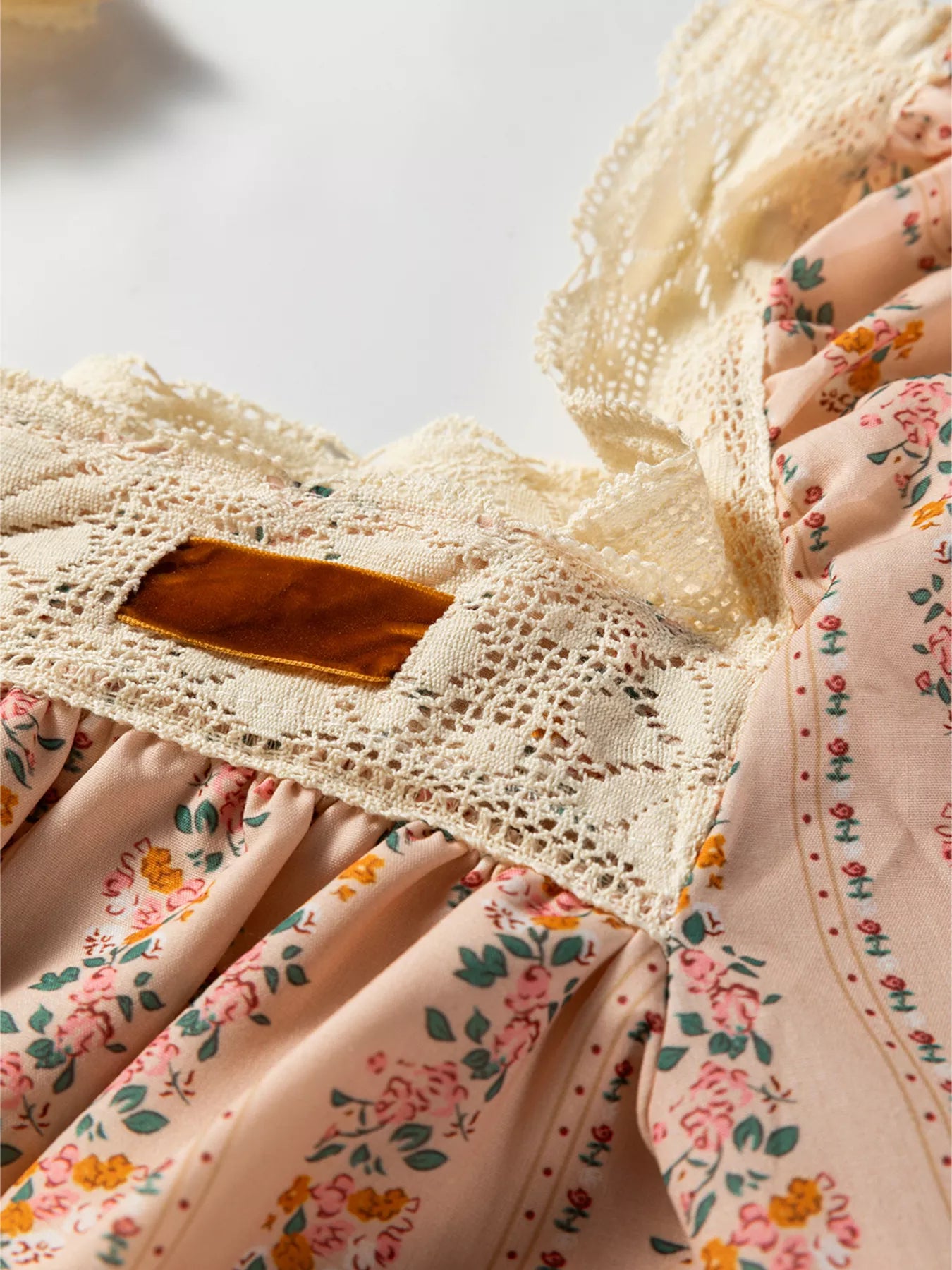 Floral Print Bow Lace Patchwork Long Sleeve Loose Mini Dress Trendsi