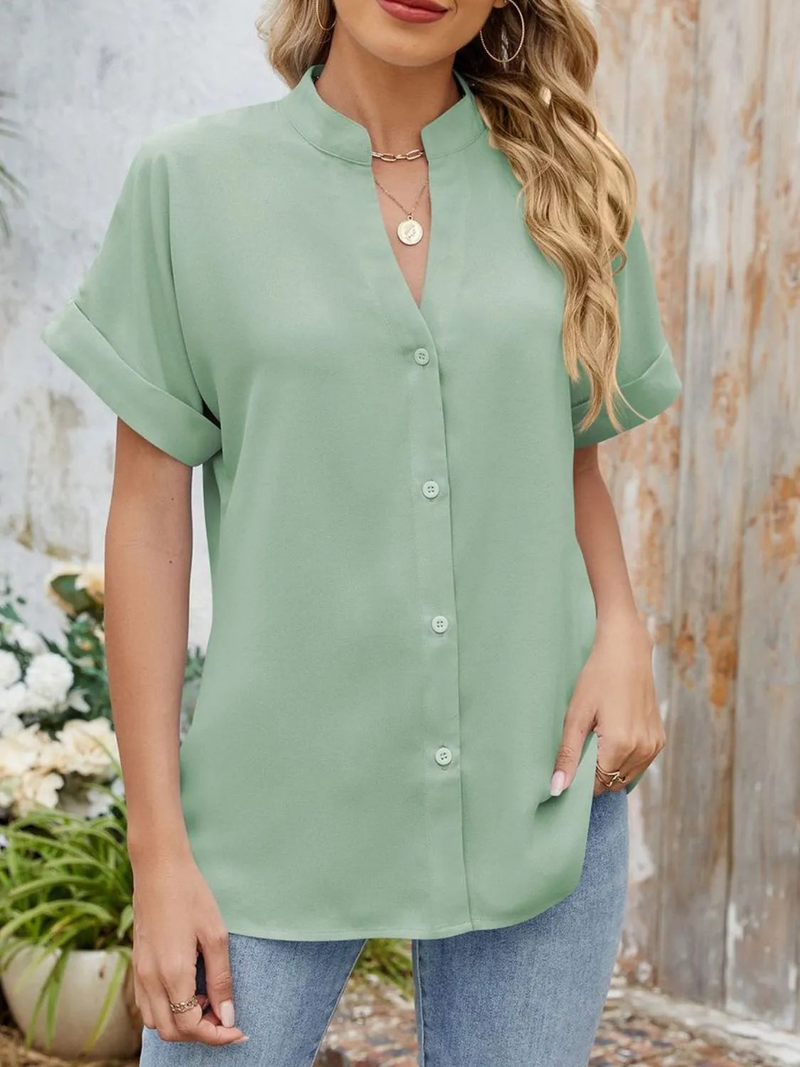 Notched Short Sleeve Blouse OutfitFlow