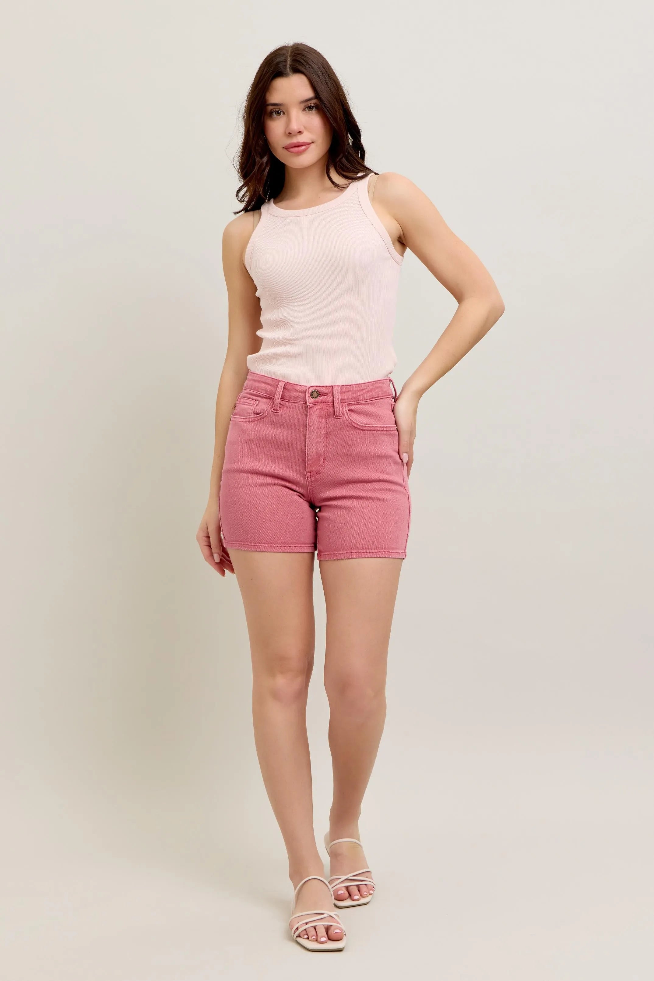 Judy Blue Pink Back Pkt Embroidery Shorts OutfitFlow