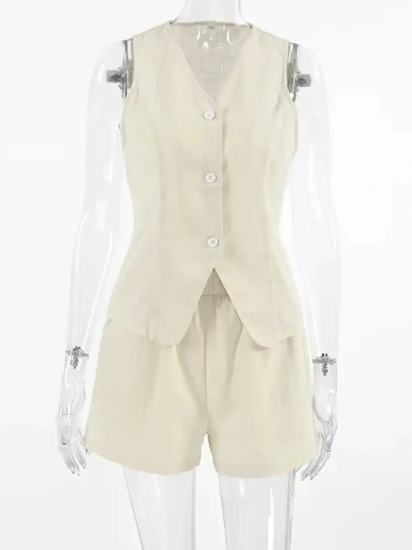 Button Up V-Neck Vest and Shorts Set OutfitFlow