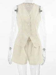Button Up V-Neck Vest and Shorts Set OutfitFlow