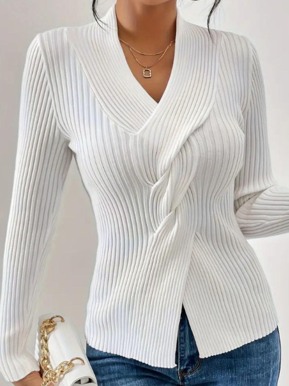 Outfit Flow - Twist Front Ribbed Long Sleeve Sweater