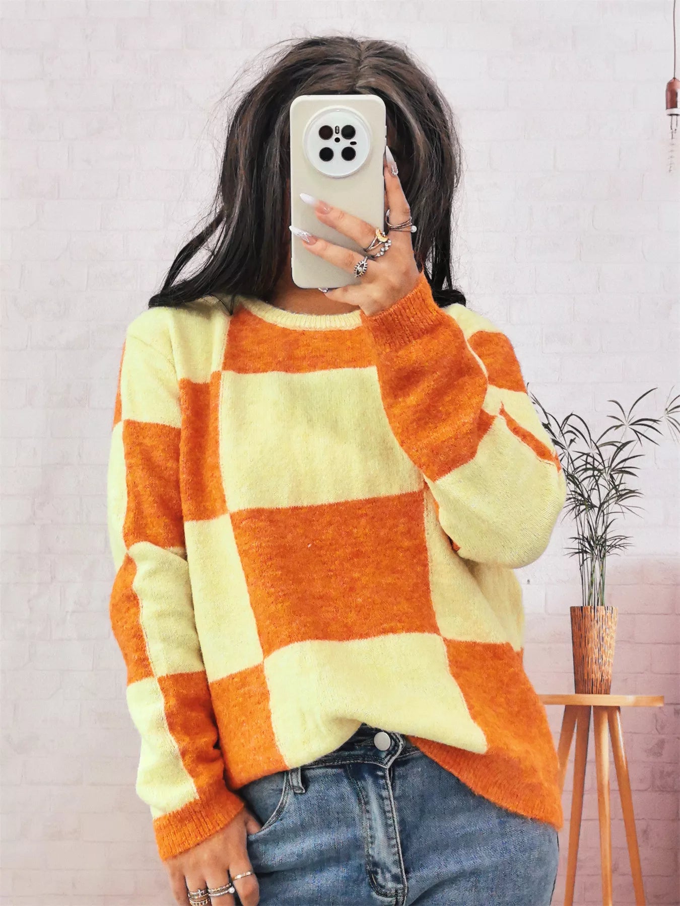 Color Block Round Neck Sweater OutfitFlow