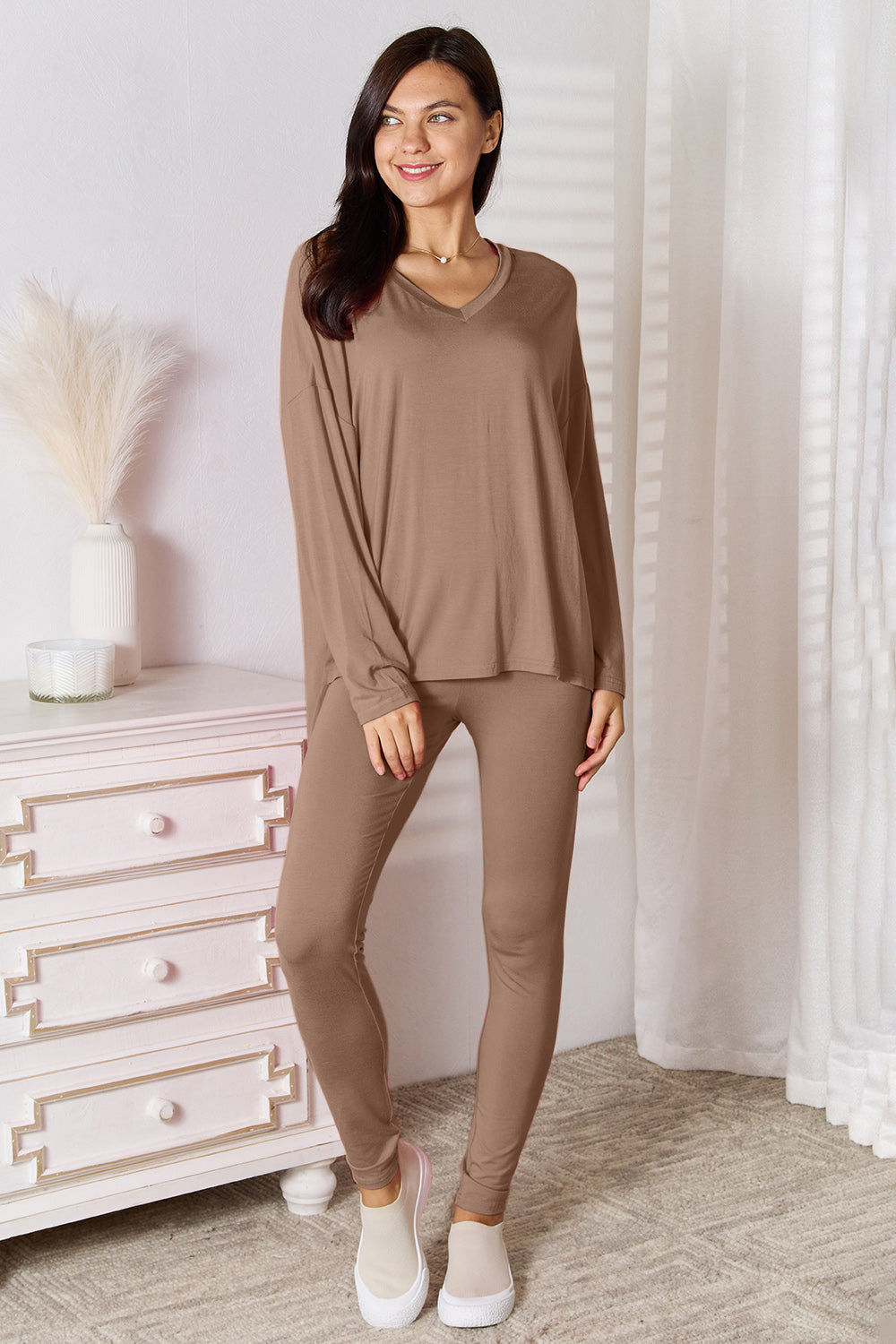 Basic Bae Full Size V-Neck Soft Rayon Long Sleeve Top and Pants Lounge Set Mocha OutfitFlow
