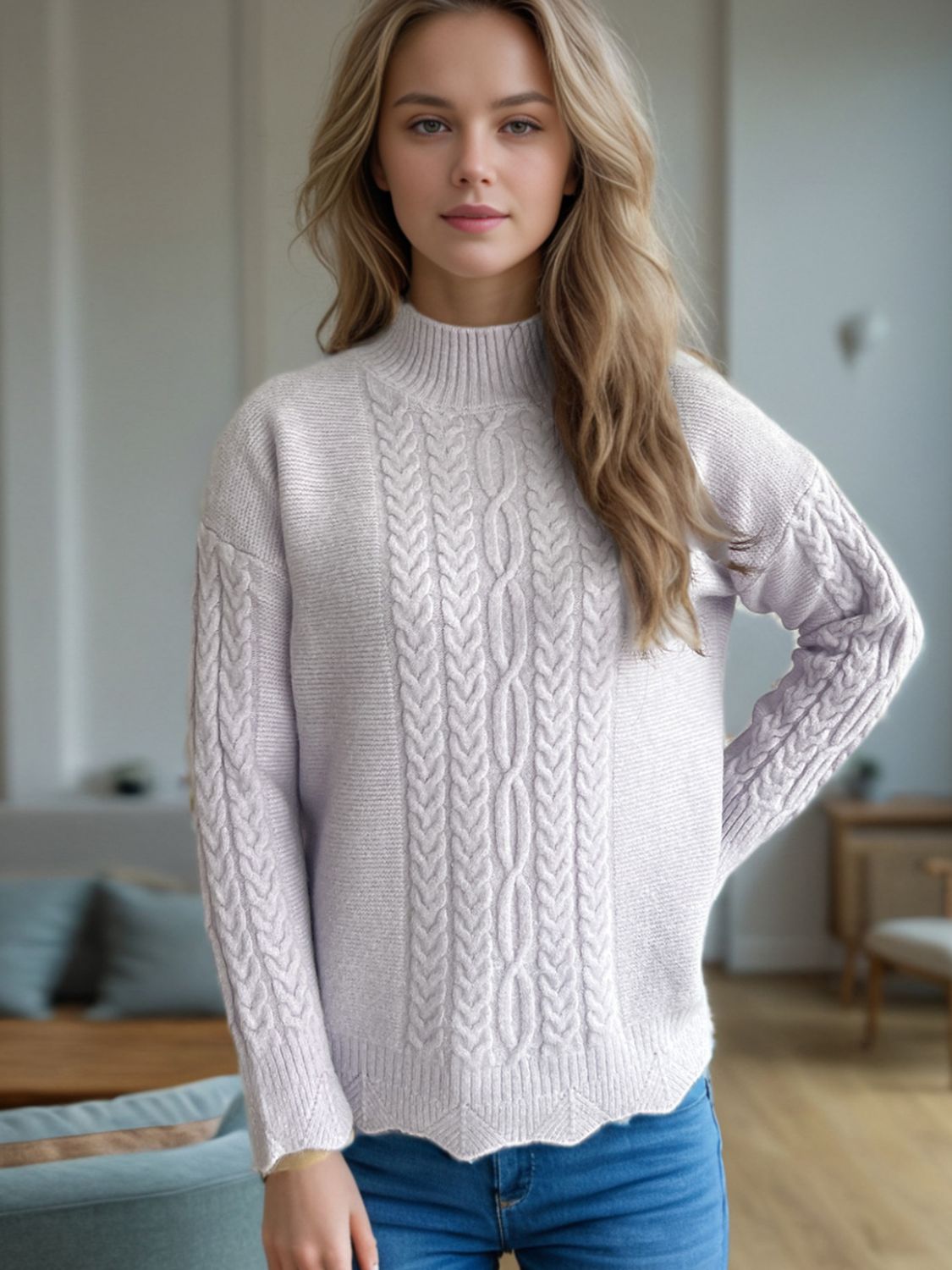 Outfit Flow - Cable-Knit Mock Neck Dropped Shoulder Sweater