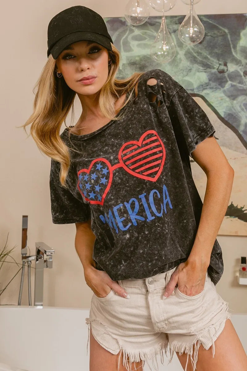 BiBi 4th Of July Theme Mineral Washed Laser Cut Top OutfitFlow