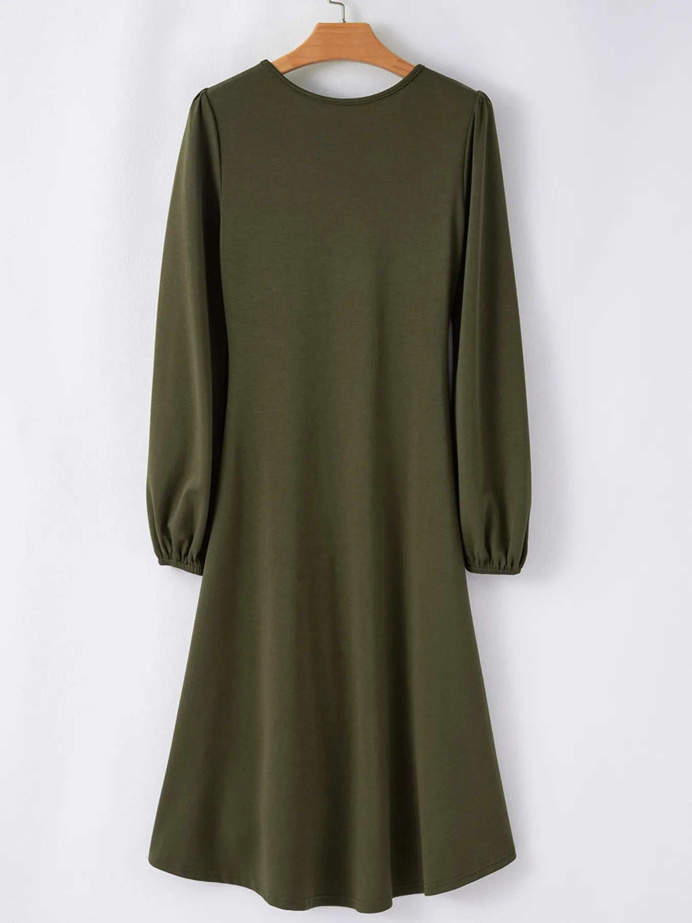 Solid Color Ruched Detail Long Sleeve Midi Dress OutfitFlow