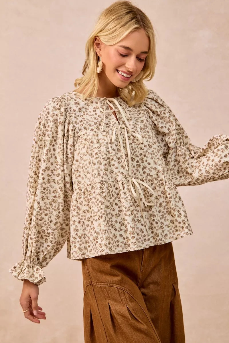 BiBi Floral Printed Peplum Blouse with Shirring and Tied OutfitFlow