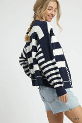 Umgee Cable-Knit Stripe Button-Up Cardigan Trendsi