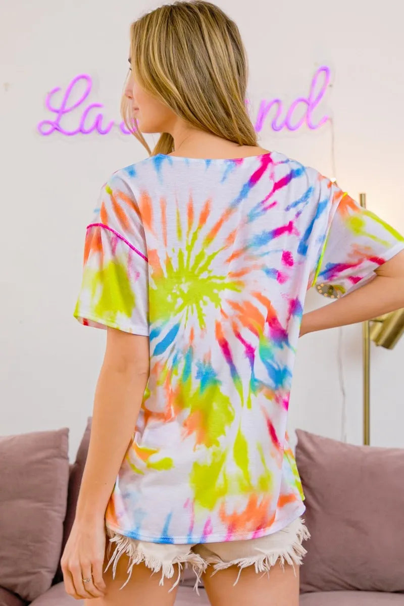BiBi Tie Dye Print Jersey Stitched V Neck Top OutfitFlow