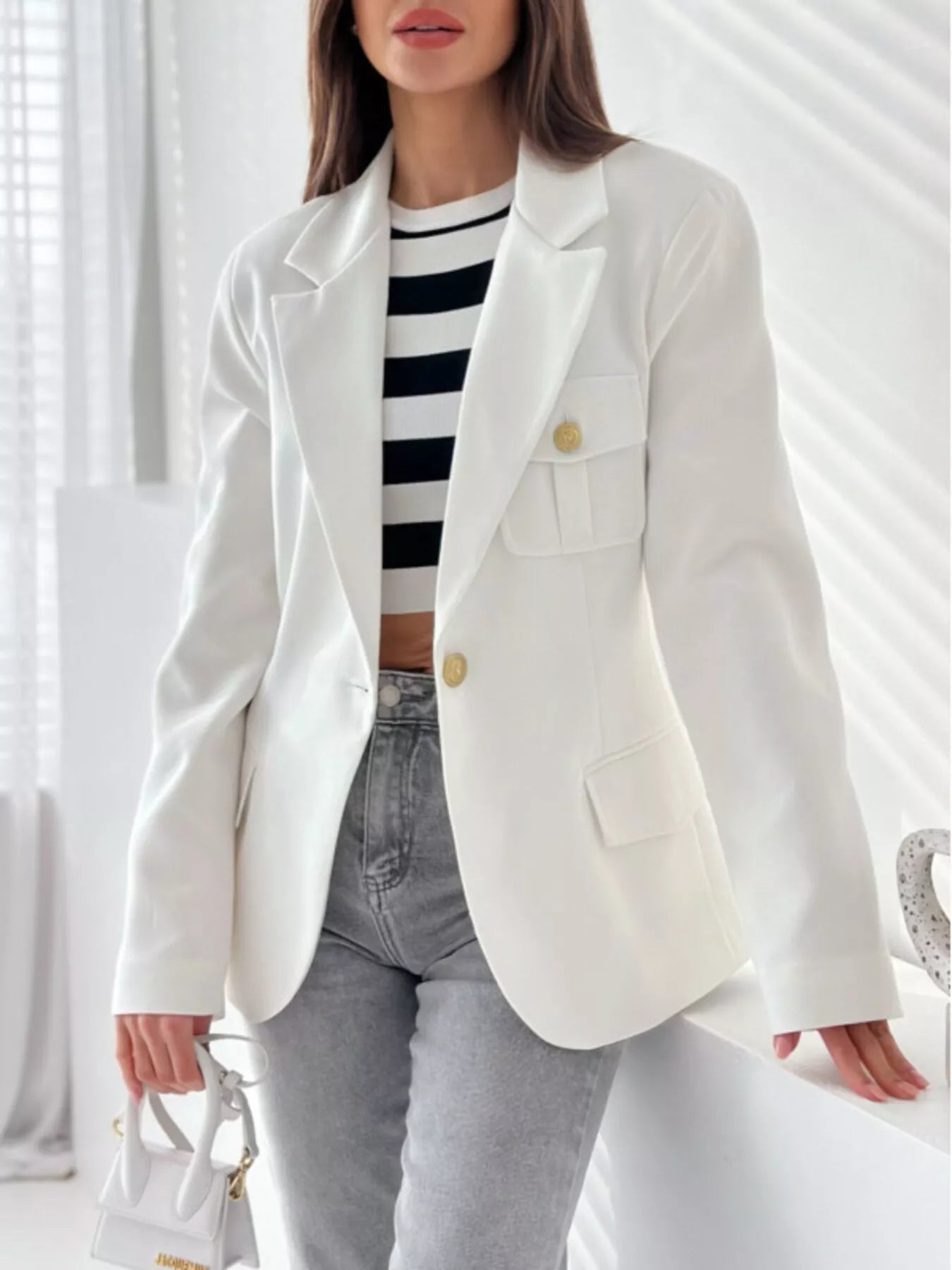 Lapel Collar One Button Blazer White OutfitFlow