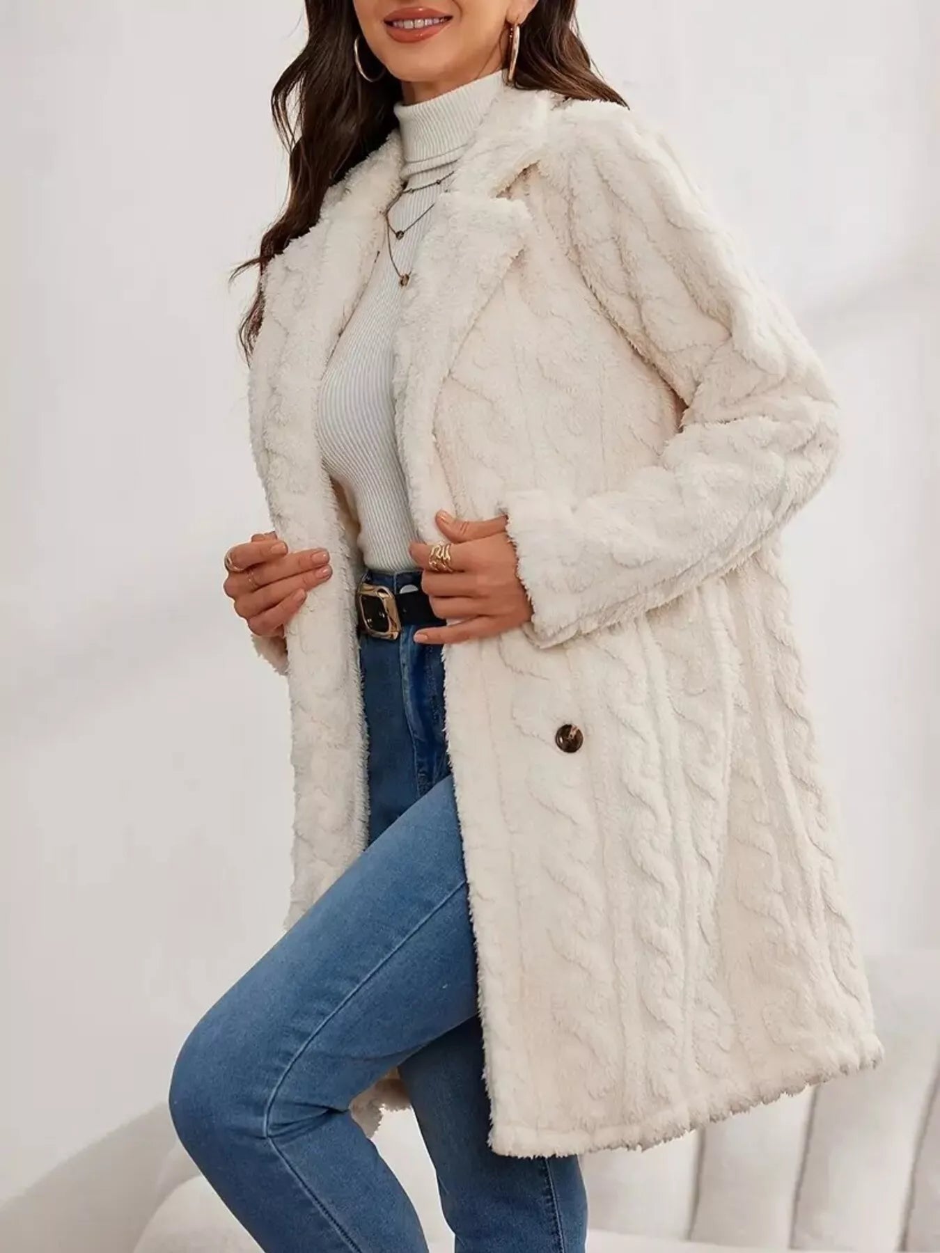 Double-Breasted Fleece Longline Coat Apricot OutfitFlow