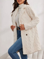 Double-Breasted Fleece Longline Coat Apricot OutfitFlow