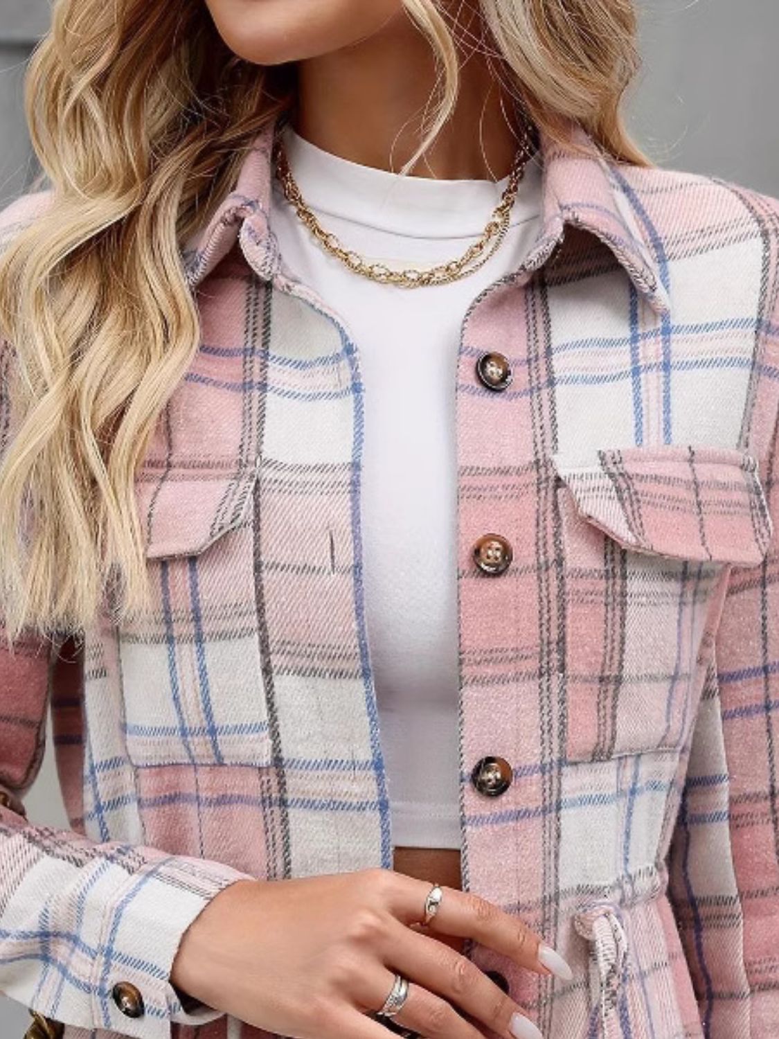 Outfit Flow - Drawstring Plaid Button Up Jacket with Chest Pockets Outfit Flow