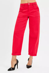 RISEN High Rise Ankle Cuffed Barrel Pants SCARLET OutfitFlow