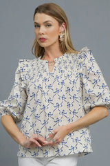 Umgee Ruffled Bow Print Notched Blouse Royal Blue OutfitFlow