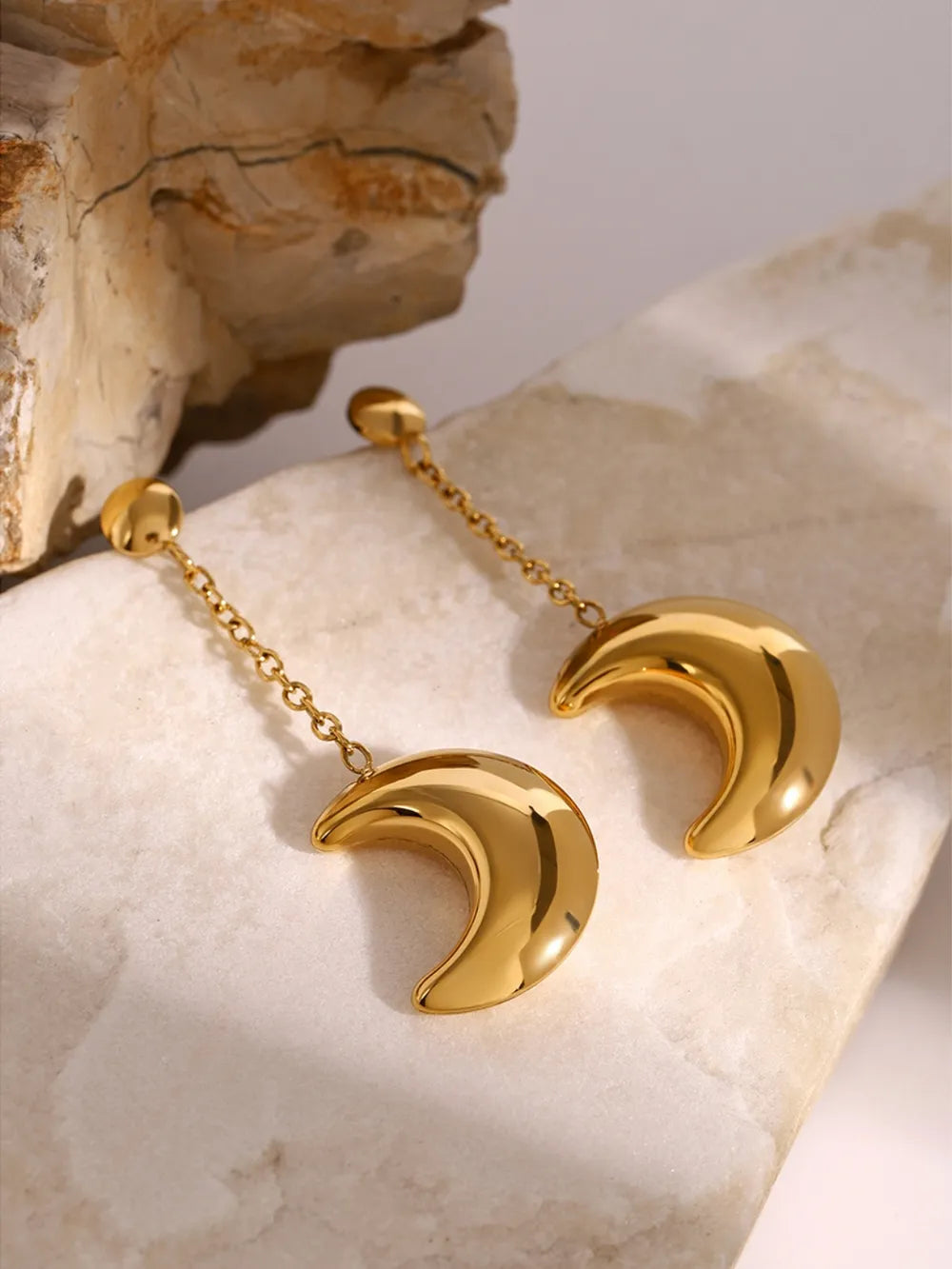 Stainless Steel Moon Dangle Earrings Gold One Size OutfitFlow