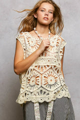 POL Openwork Round Neck Floral Crochet Tank Trendsi