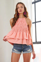 ADORA Halter Neck Smocked Layer Hem Tank Top OutfitFlow