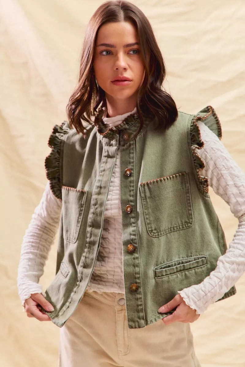 SO ME Washed Denim Stitch Ruffled Hidden Button Vest Top OutfitFlow