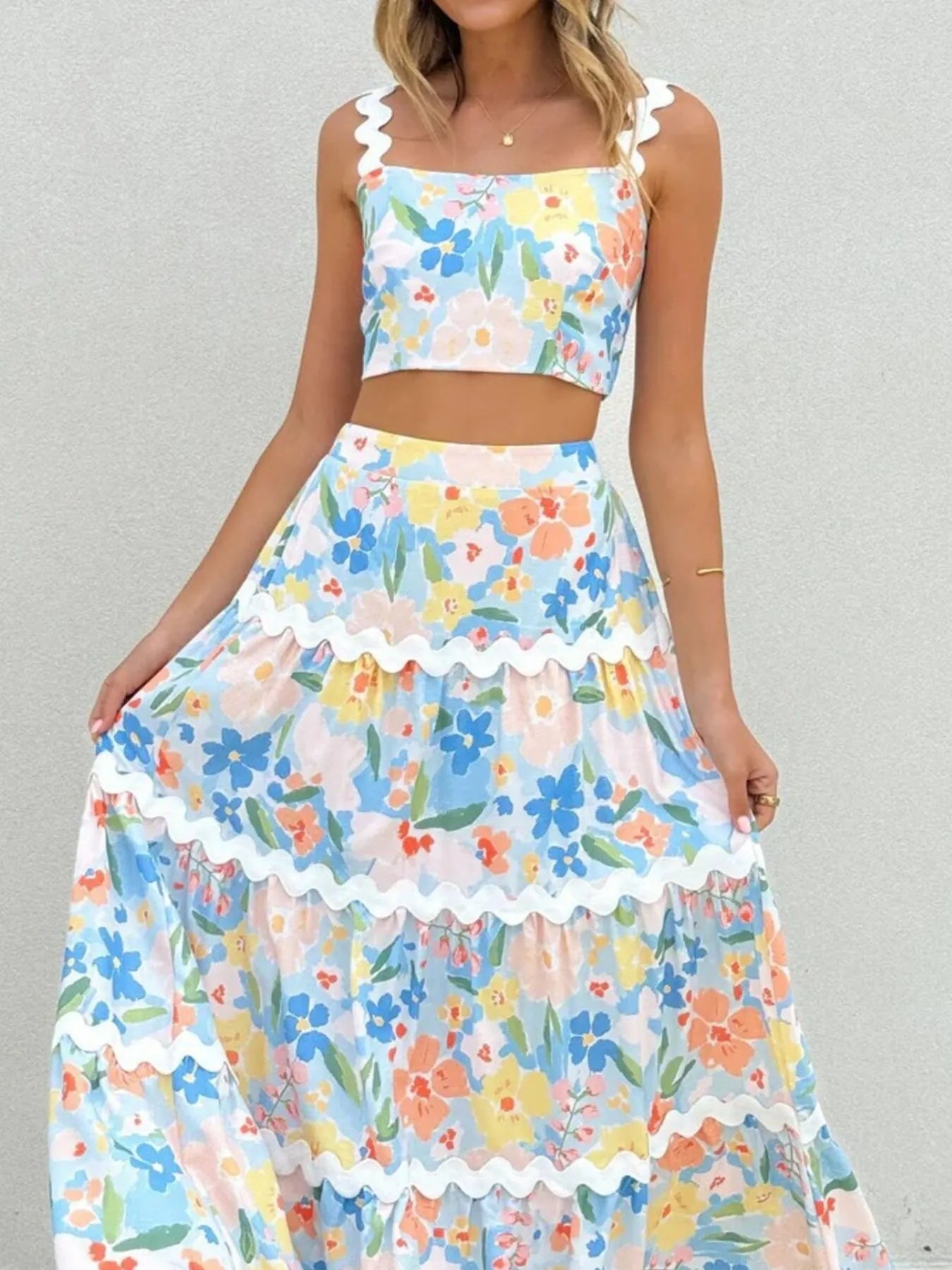 Printed Cami and Maxi Skirt Set Multicolor OutfitFlow