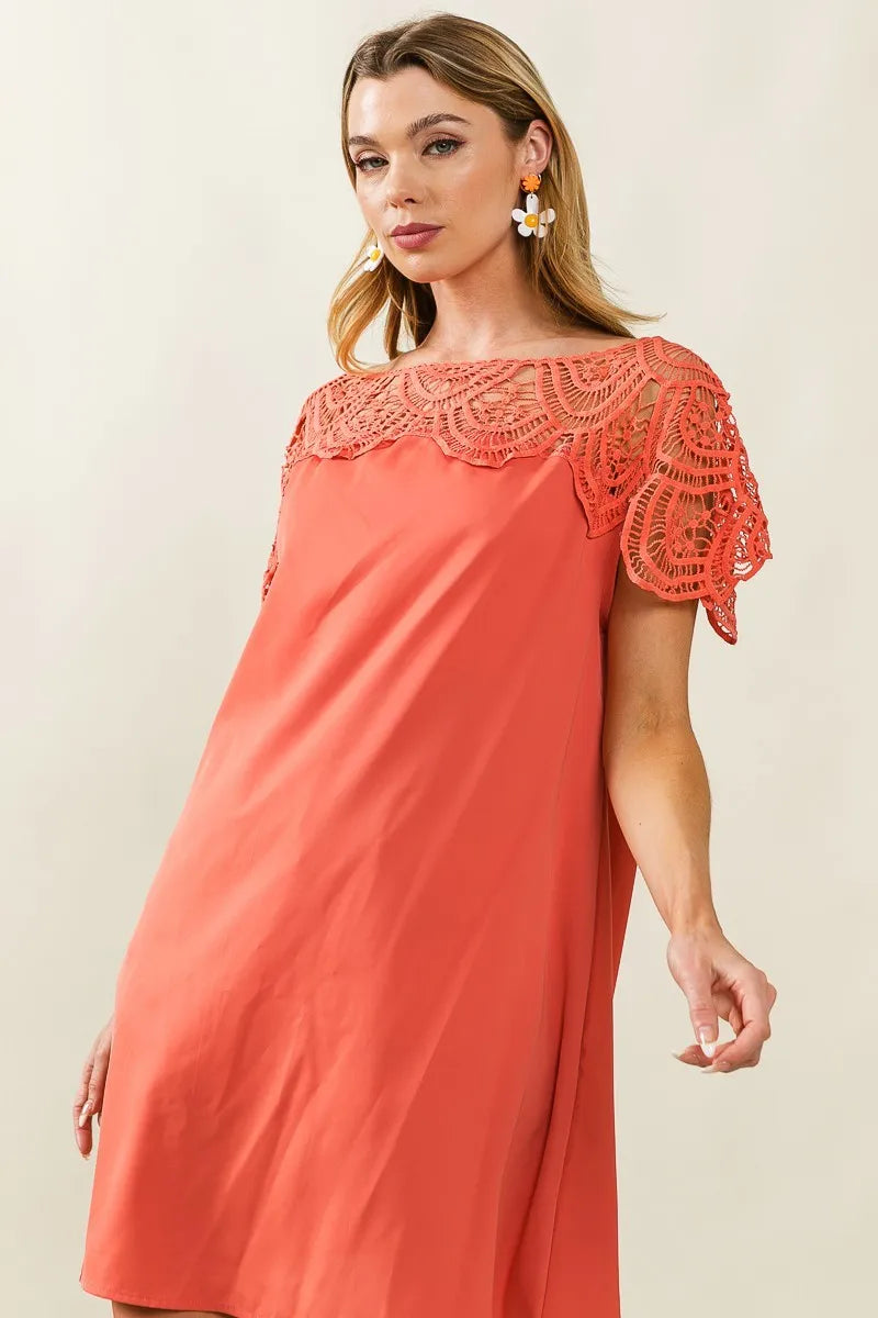 BiBi Crochet Lace Yoke Detailed Wrinkled Dress OutfitFlow