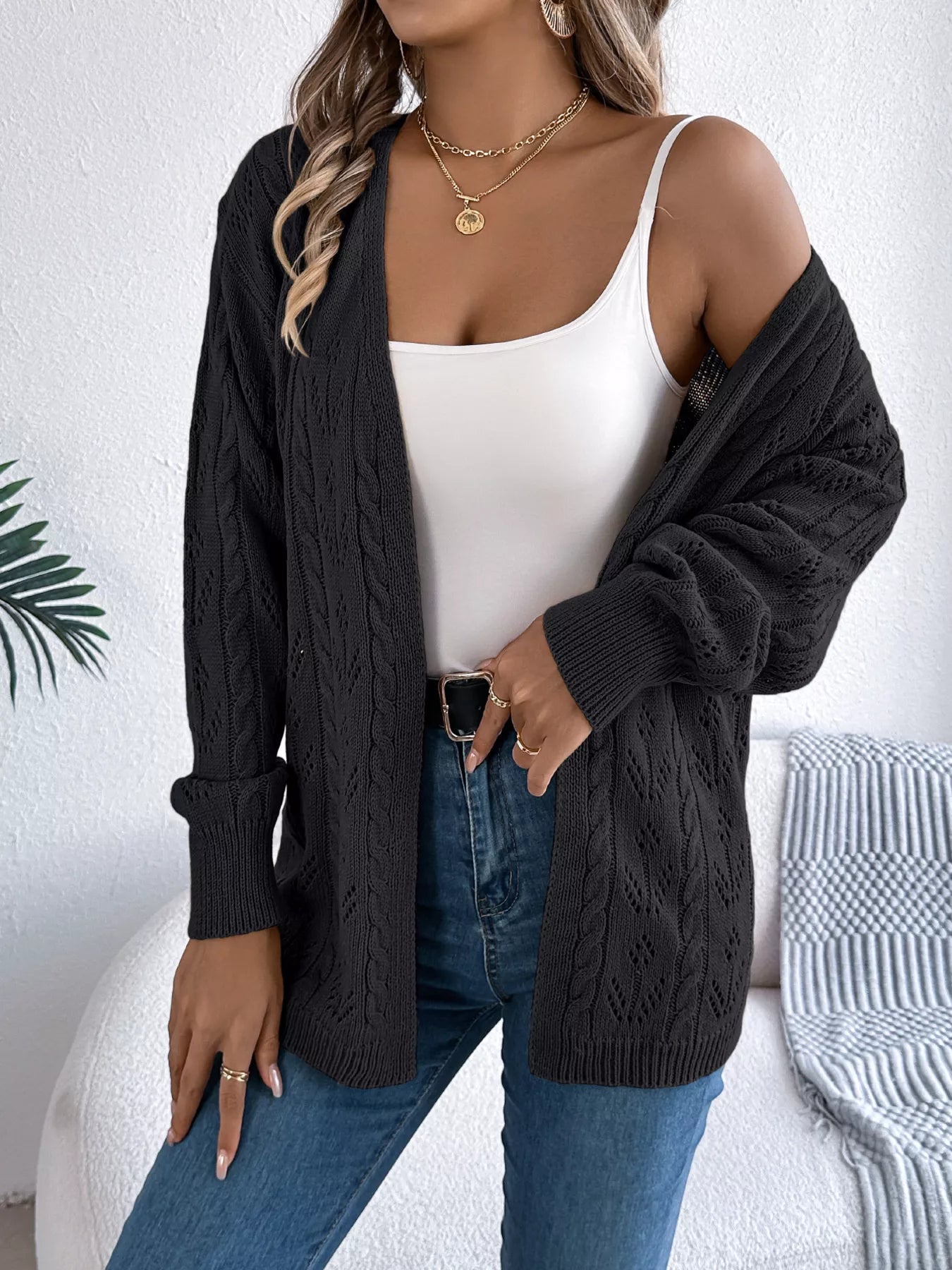 Openwork Open Front Long Sleeve Cardigan OutfitFlow
