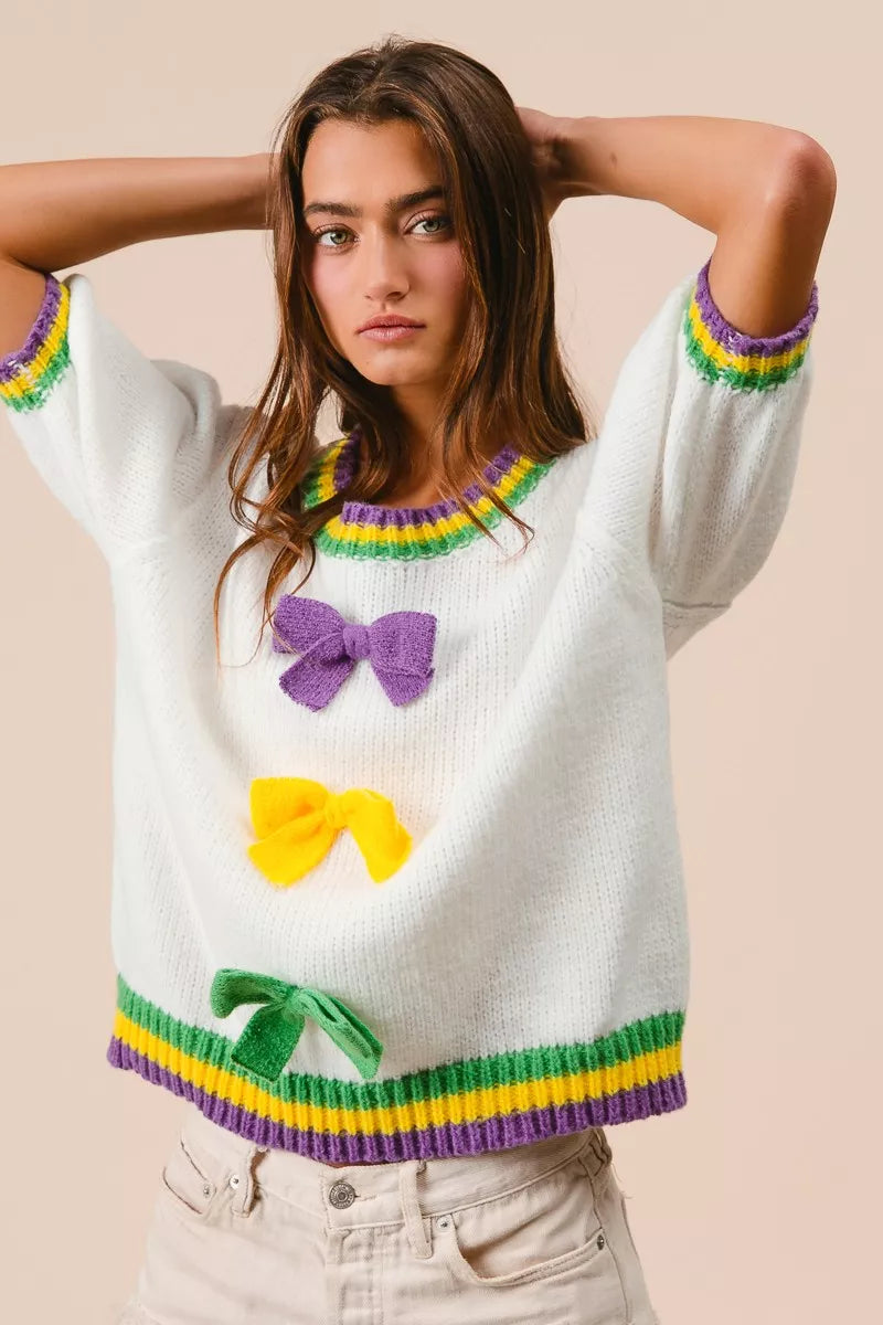 BiBi Short Puff Sleeve Ribbon Bow Mardi Gras Sweater OutfitFlow