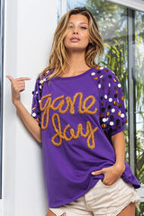 BiBi Game Day Metallic Letter Spangle Sleeve Top OutfitFlow