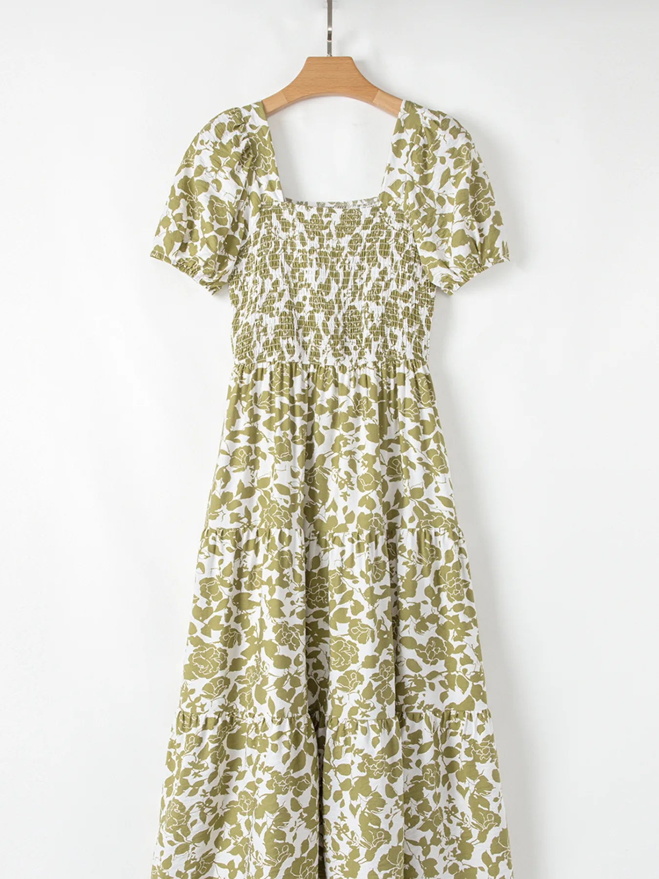 Boho Floral Square Neck Smocked Bust Puff Sleeve Tiered Dress OutfitFlow