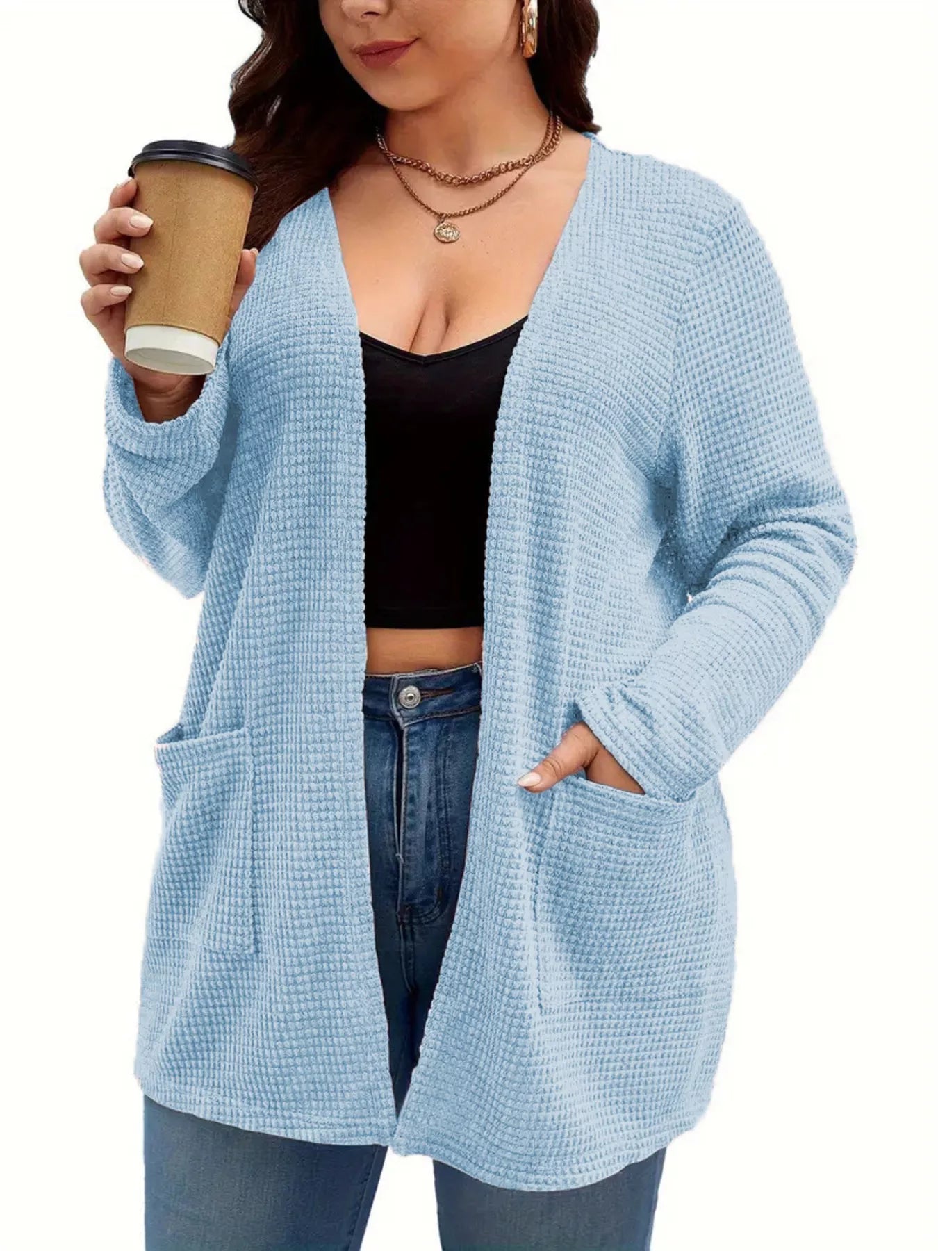 Plus Size Open Front Long Sleeve Knit Cardigan OutfitFlow