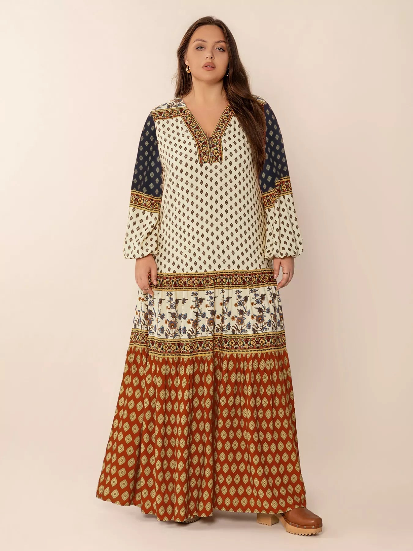 Plus Size Notched Balloon Sleeve Maxi Dress OutfitFlow