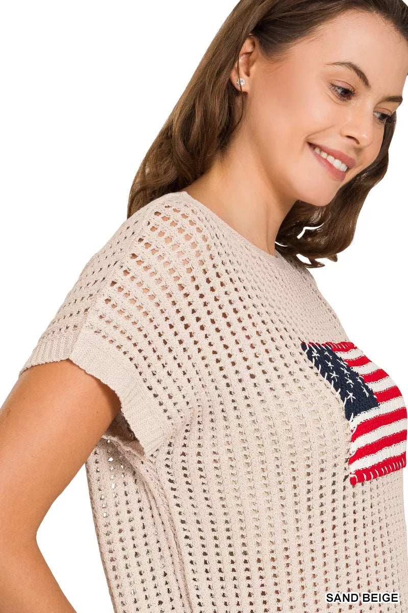 Zenana Viscose American Flag Openwork Knit Top OutfitFlow