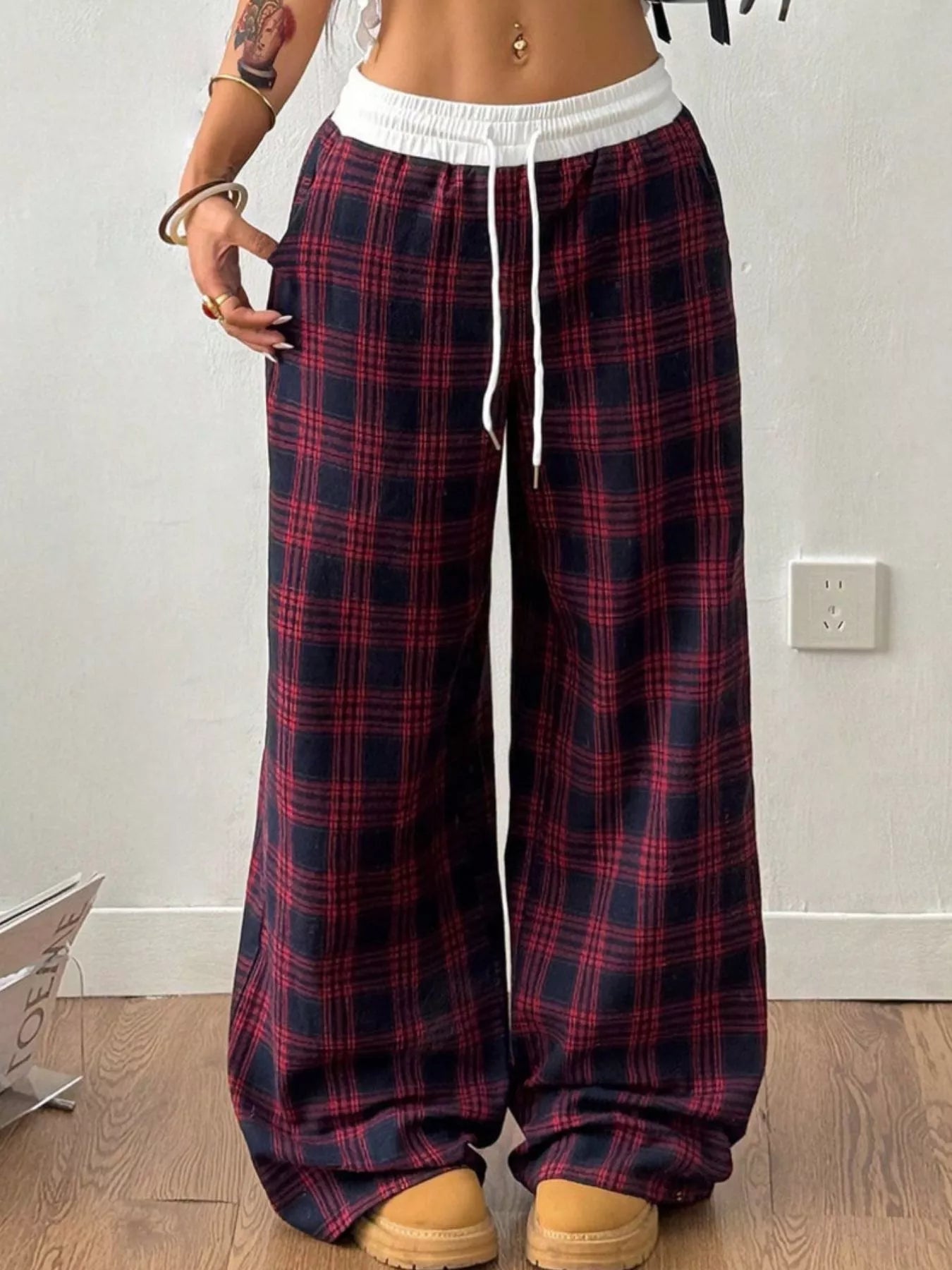 Plaid Wide-Leg Pants with Elastic Waistband OutfitFlow