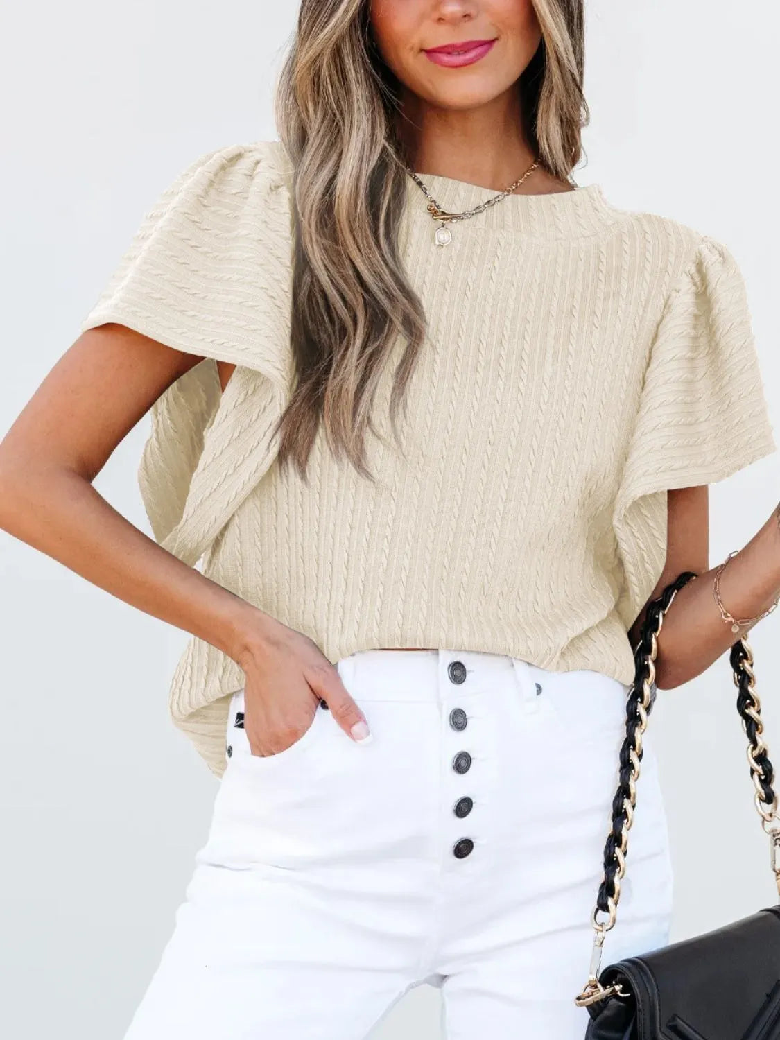 Round Neck Ruffle Sleeve Top OutfitFlow