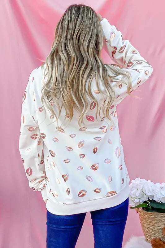 And The Why Kiss Pink Foil Allover Print Pullover Sweatshirts OutfitFlow