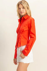 HYFVE Long Sleeve Pleated Waist Poplin Shirt OutfitFlow