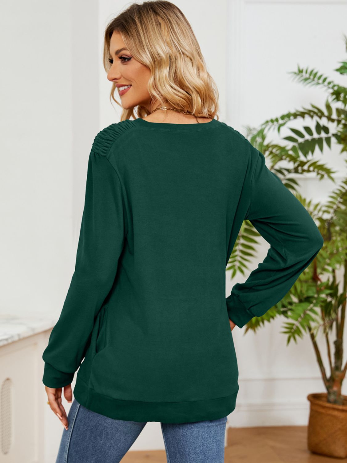 Outfit Flow - Ruched Shoulder Round Neck Long Sleeve Sweatshirt