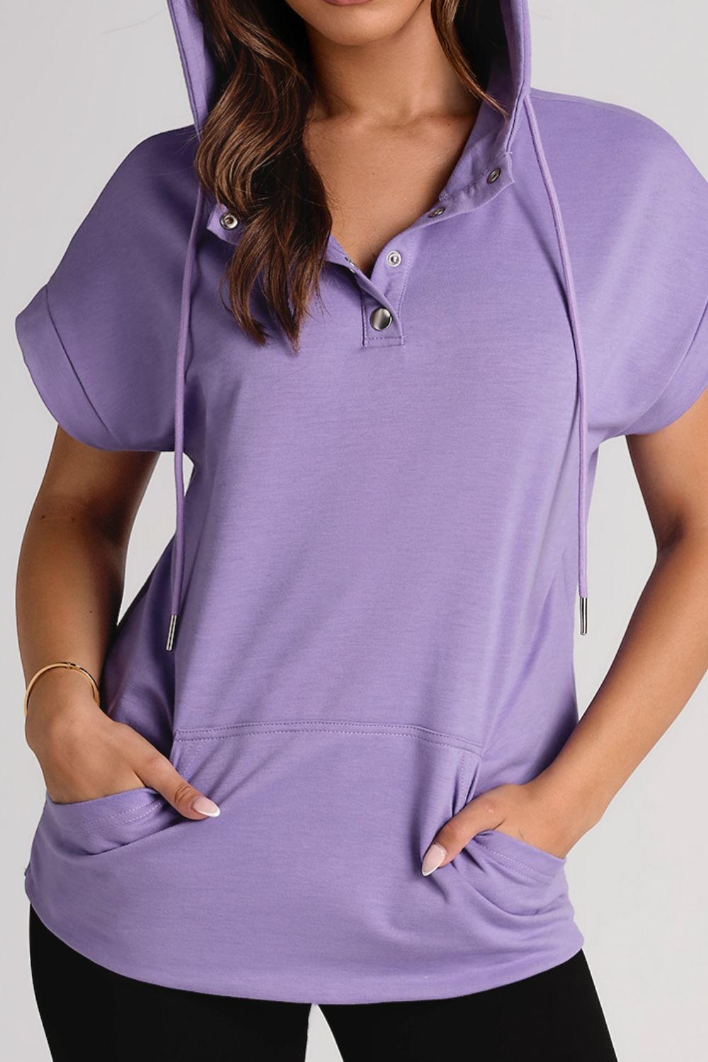 Drawstring Quarter Snap Cap Sleeve Hoodie Lavender OutfitFlow