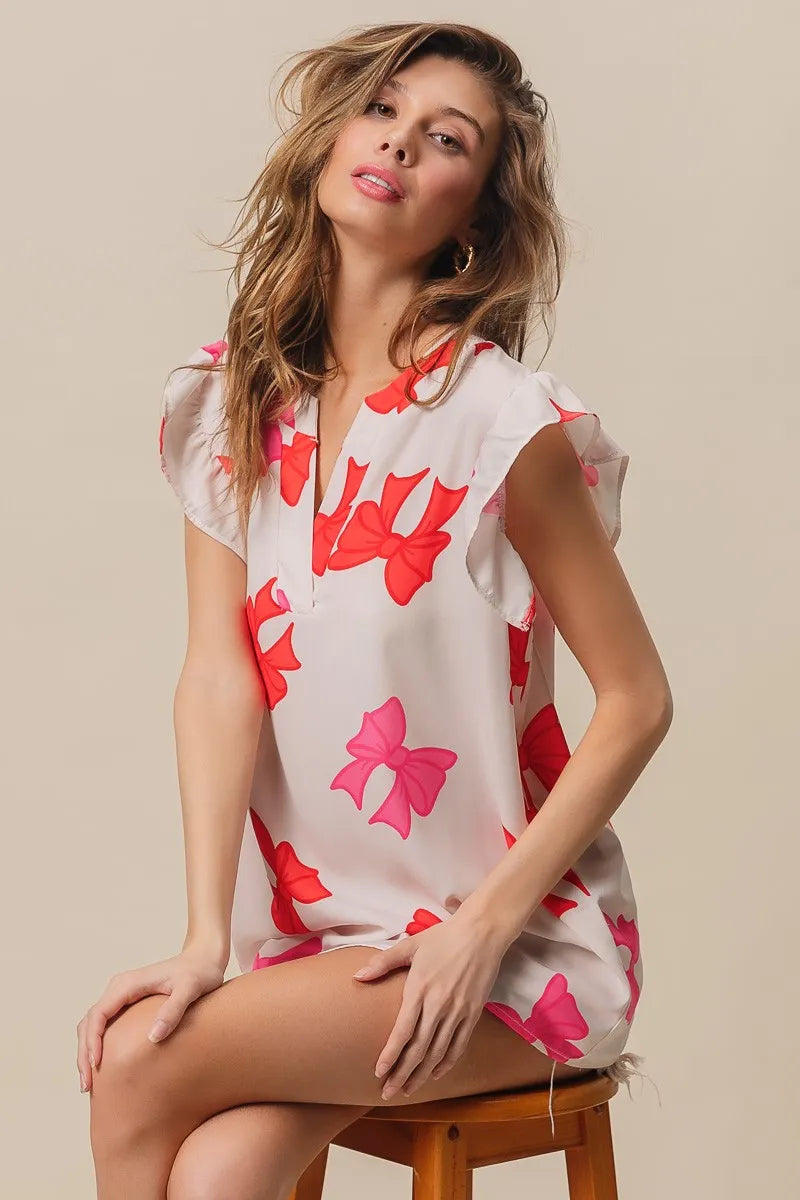 BiBi Bow Printed Woven Ruffled Sleeves V Neck Top OutfitFlow