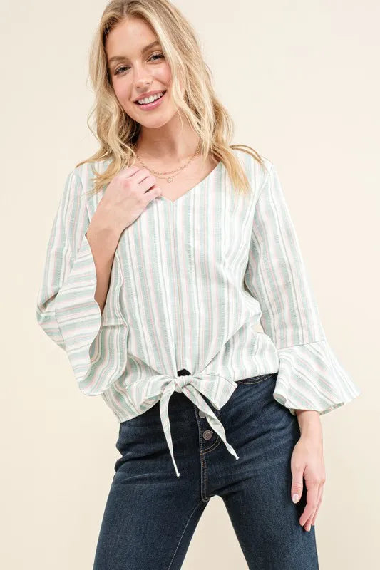 And The Why Stripe Tie Knot Front Bell Sleeve Top OutfitFlow