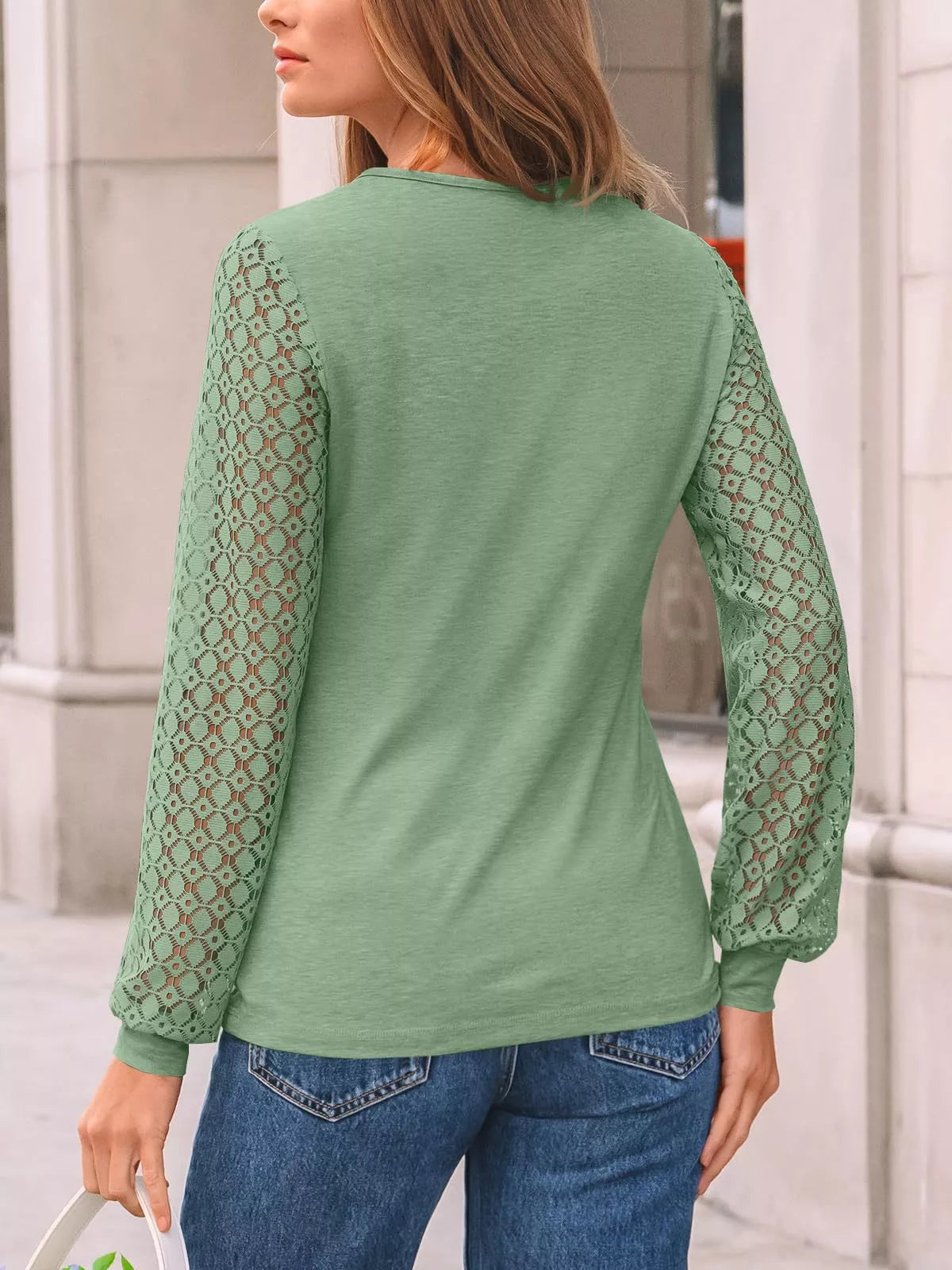 Lace Sleeve Crew Neck T-Shirt OutfitFlow