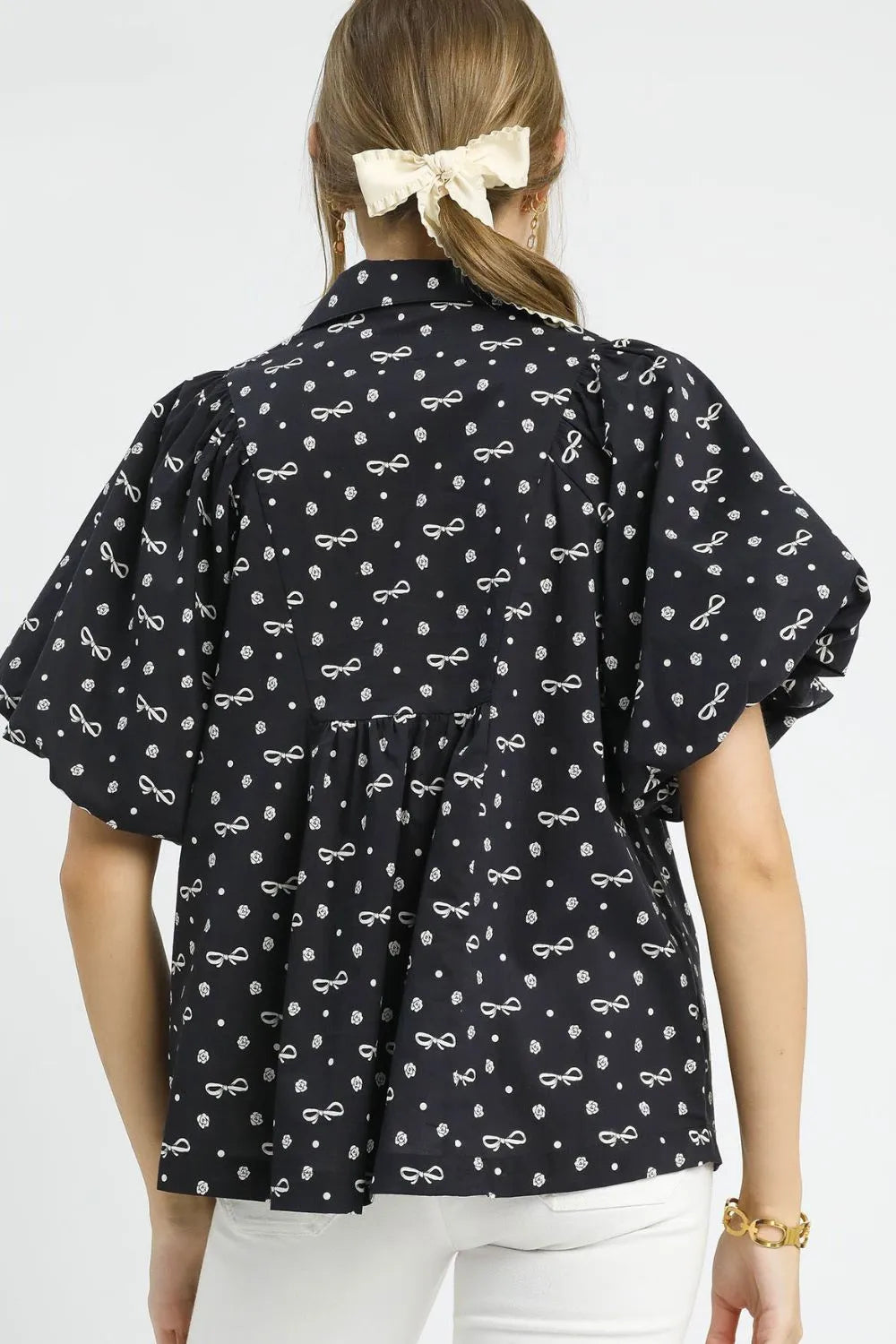 Umgee Bow Print Puff Sleeve Blouse OutfitFlow