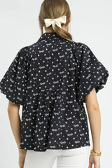 Umgee Bow Print Puff Sleeve Blouse OutfitFlow